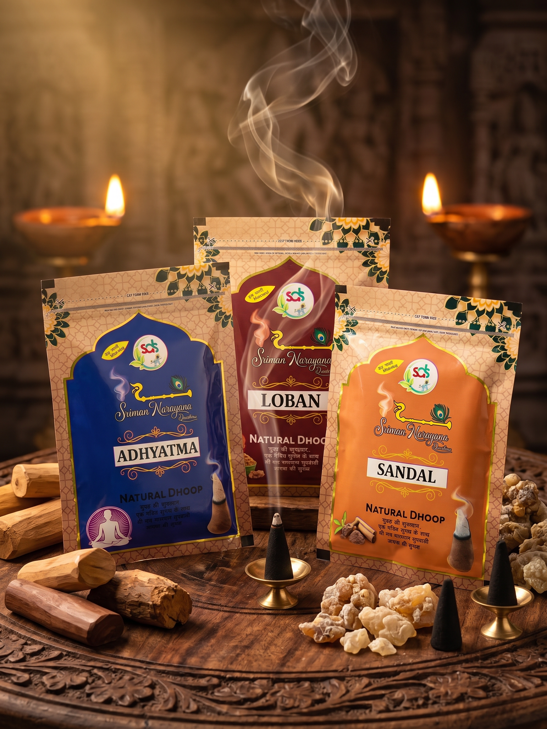 🌿 Shreeman Narayan Natural Dhoop Combo – Sandal, Loban & Adhyatma